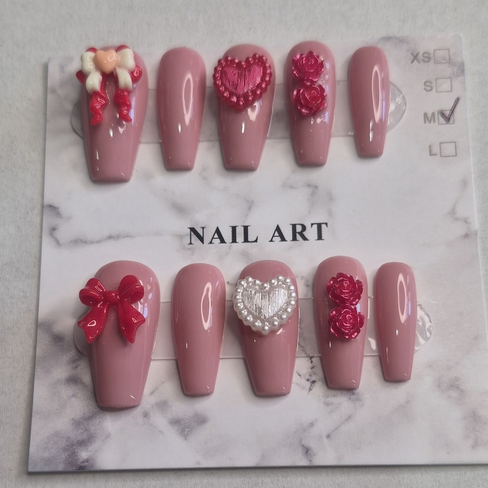 💋Press On Nails - Pink and Red  w/ Hearts, Ribbons and Floral Accents